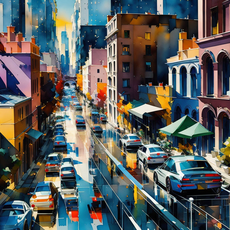 Colorful digital art of vibrant city street with dynamic traffic and light reflections