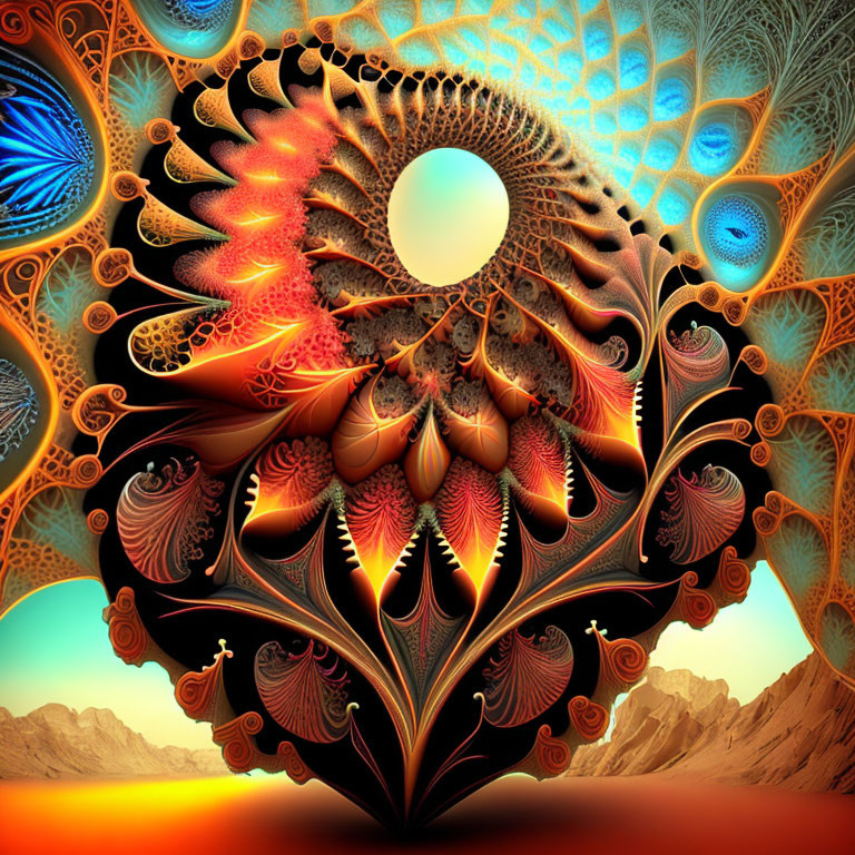 Colorful fractal image with intricate patterns and warm tones resembling a peacock's tail on abstract landscape