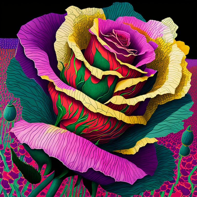 Colorful Stylized Rose with Detailed Patterns on Dark Background