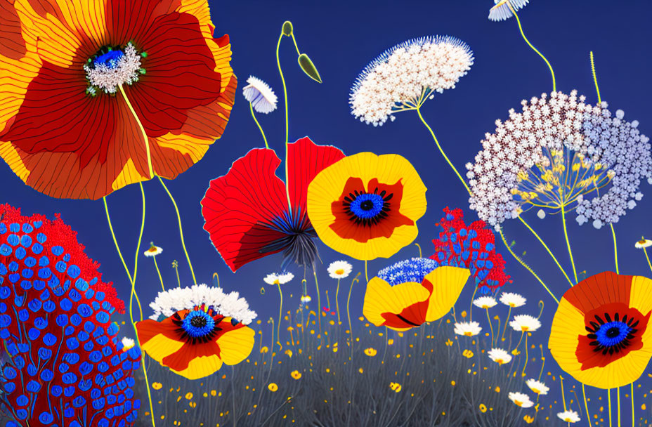 Colorful Floral Digital Art Featuring Red Poppies and White Daisies