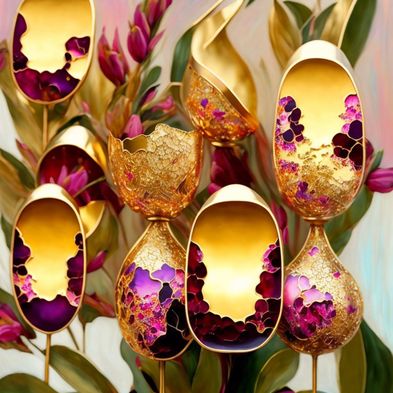 Intricate Floral Designs on Gold-Plated Spoons Amid Purple and Green Blooms