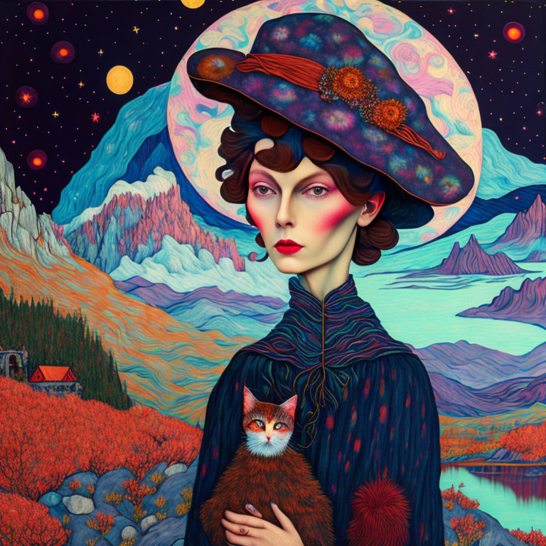 Stylized portrait of woman with wide-brimmed hat holding cat in vibrant landscape