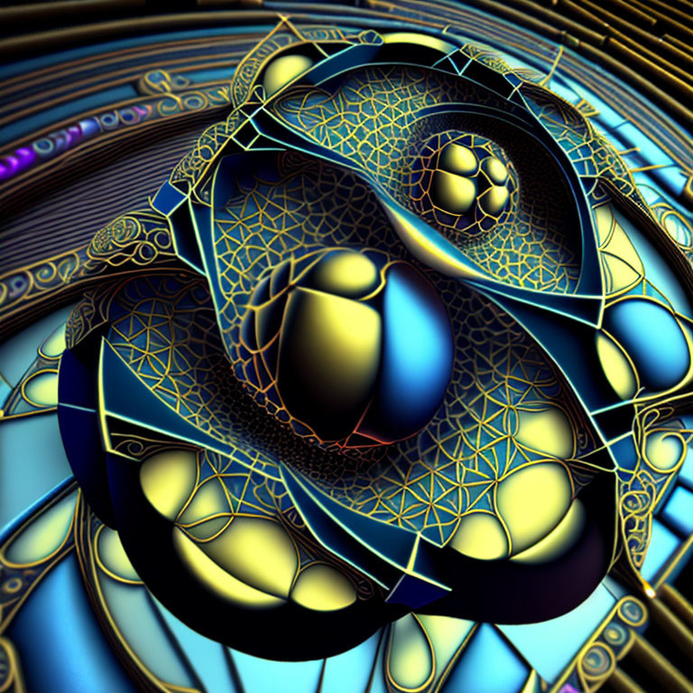 Detailed 3D fractal design with blue and gold spheres on geometric backdrop