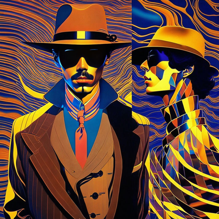 Man and woman in vintage attire with swirling patterns and contrasting colors