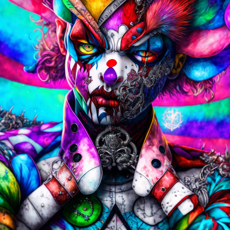 Colorful, detailed clown art with menacing expression and psychedelic background