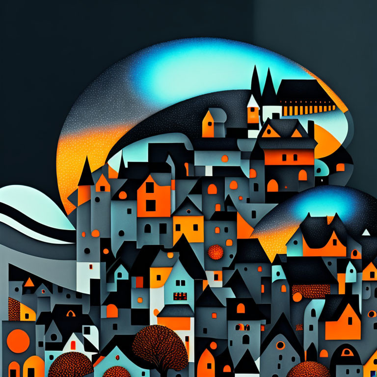 Colorful Stylized Artwork: Whimsical Village Under Night Sky