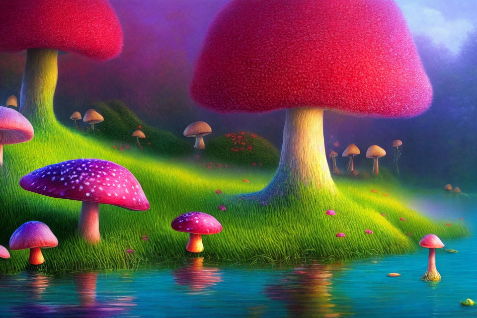 Colorful oversized mushrooms in a luminous fantasy landscape