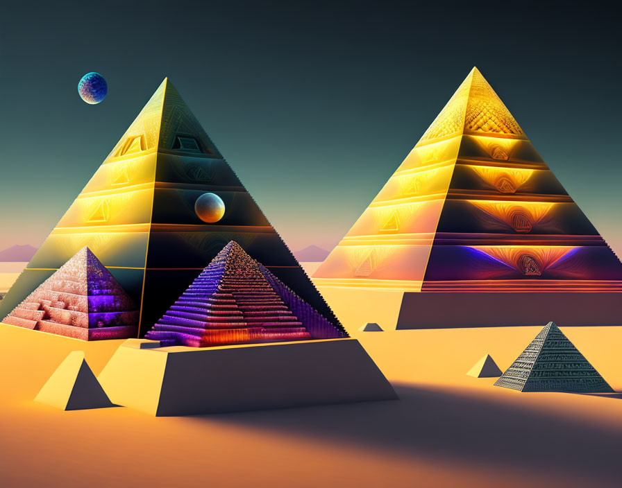 Colorful Pyramids in Surreal Desert Landscape with Twilight Sky