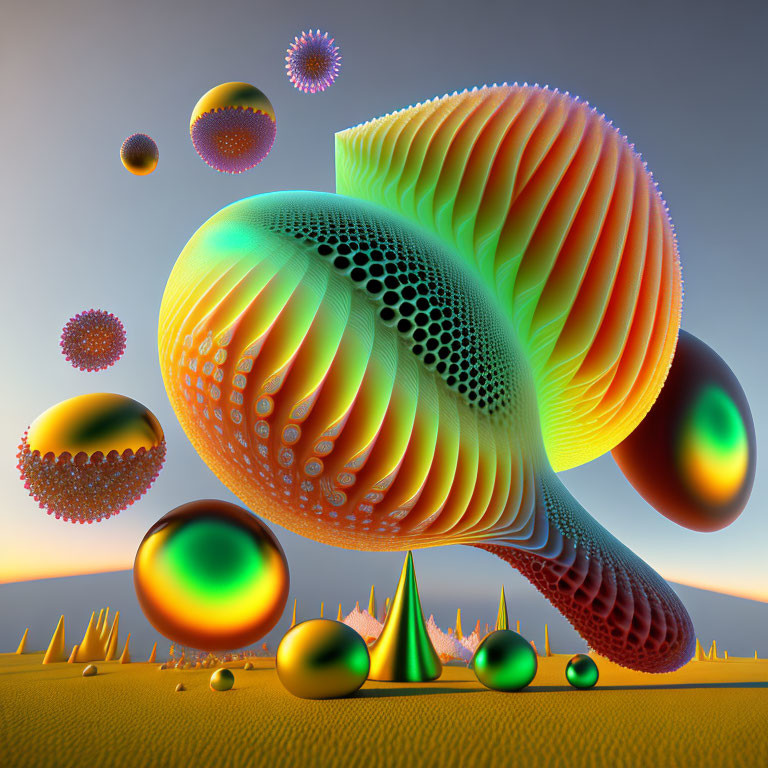 Vibrant 3D surreal landscape with geometric shapes above desert terrain