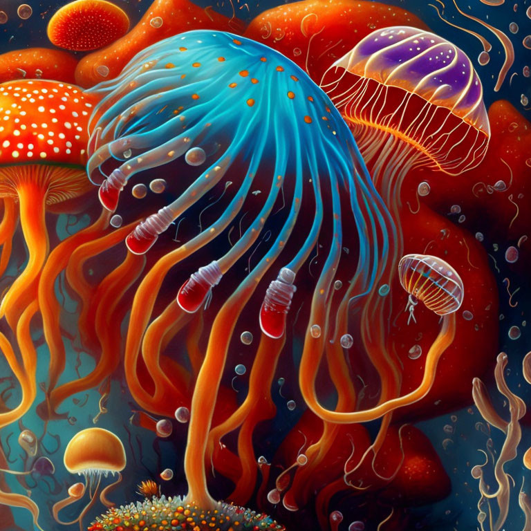 Colorful Underwater Scene with Jellyfish and Mushrooms in Orange, Red, and Blue Hues