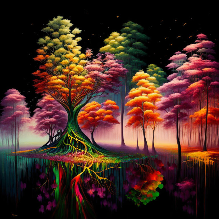 Colorful painting of trees over mirrored water under starry sky