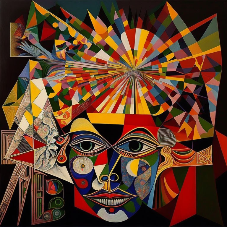 Vibrant Cubist painting of fragmented mask-like face in dynamic geometric shapes