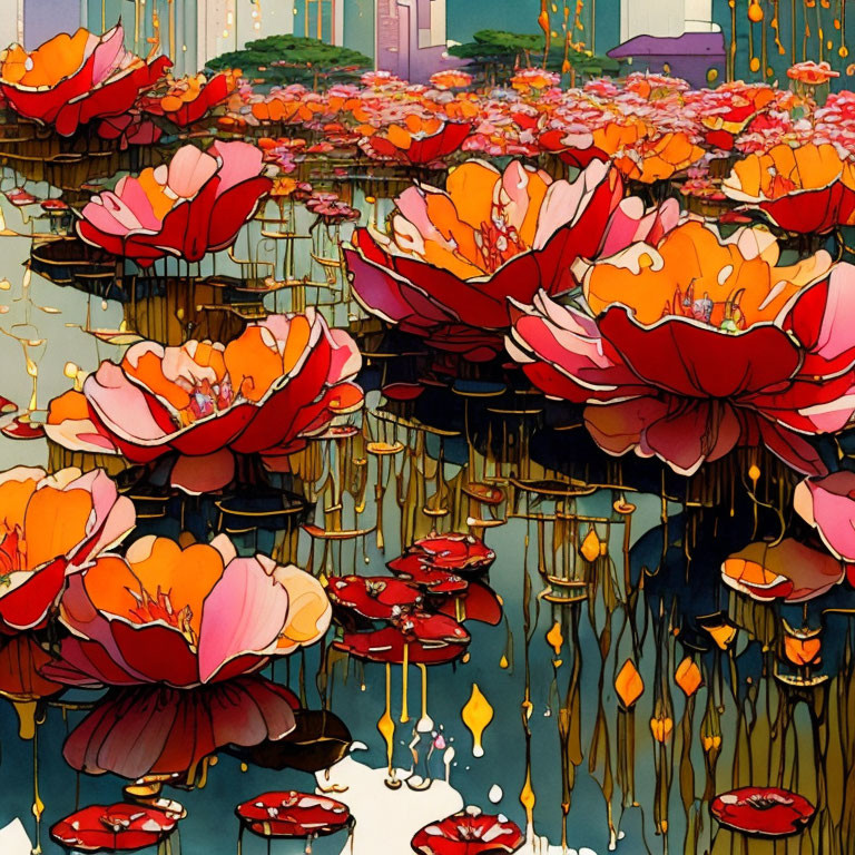 Colorful Lotus Pond Illustration with Floating Candles