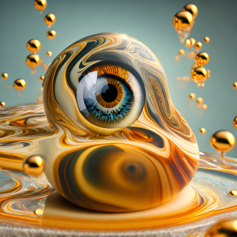 Surreal human eye in metallic liquid swirls with golden droplets on grey.