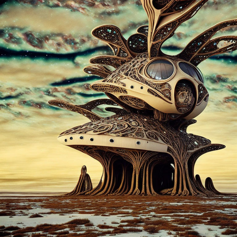 Fantastical tree-like structure in surreal landscape under striped sky