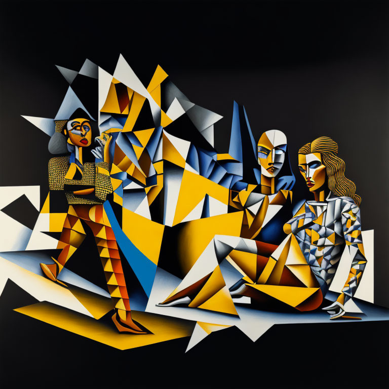 Abstract Cubist-Style Painting: Geometric Figures in Blue and Yellow