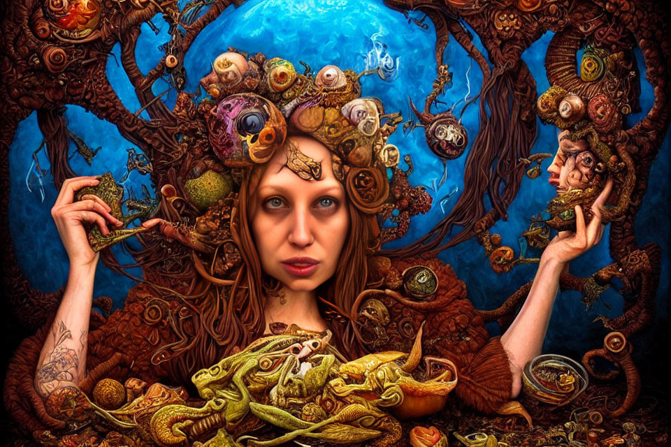 Surreal portrait of a woman with eyes, tree branches, and reptiles in her hair on