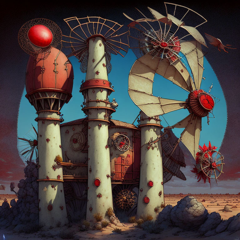 Weathered steampunk towers with windmill features and red accents under a vast sky.