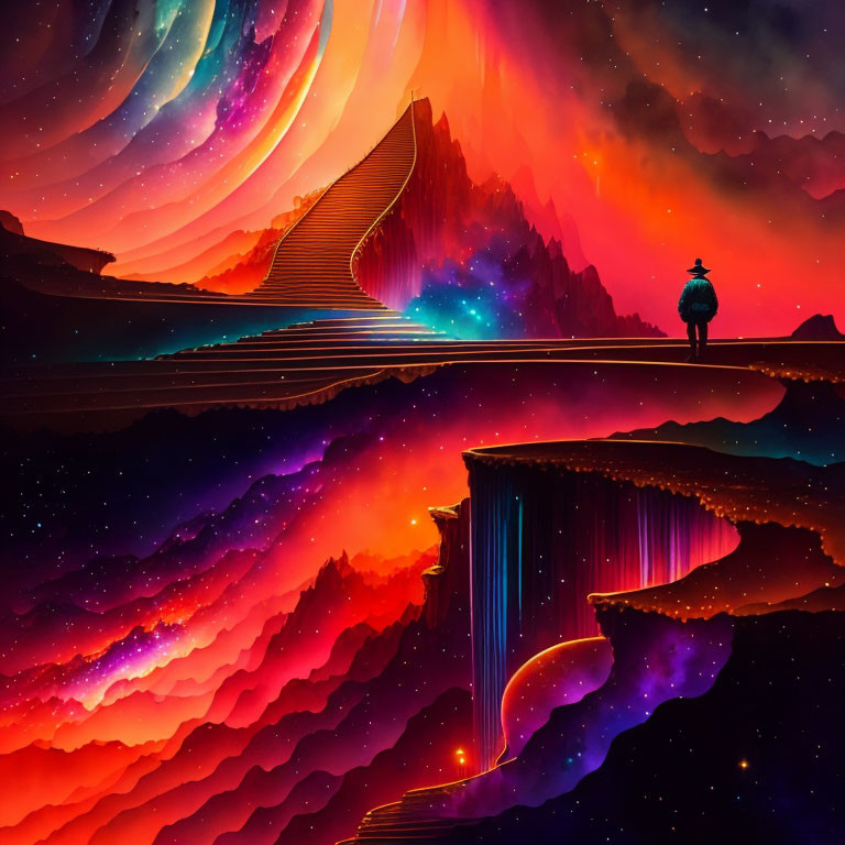 Colorful Cliff with Galaxy and Neon-Lit Stairway to Vibrant Mountain