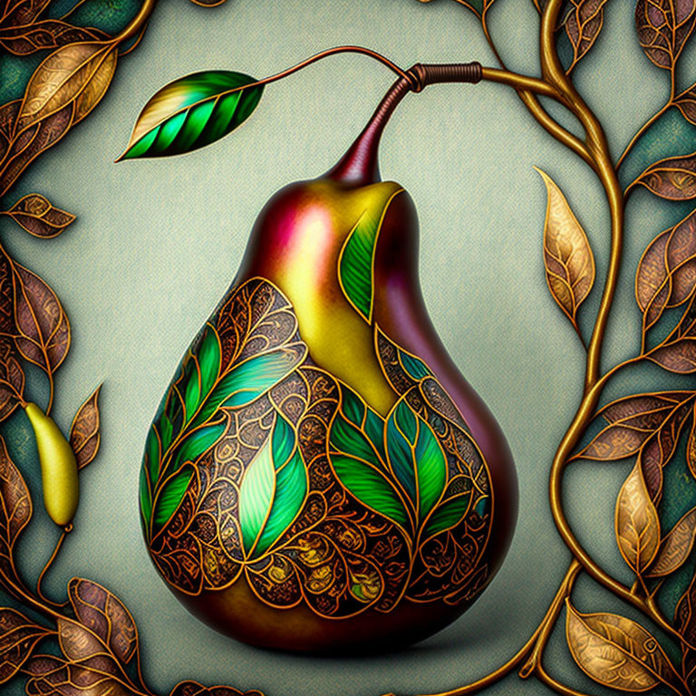 Detailed artistic pear with leaf patterns on metallic backdrop