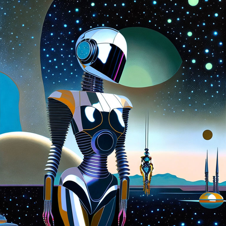 Reflective futuristic robot in alien landscape with starry sky and floating figure