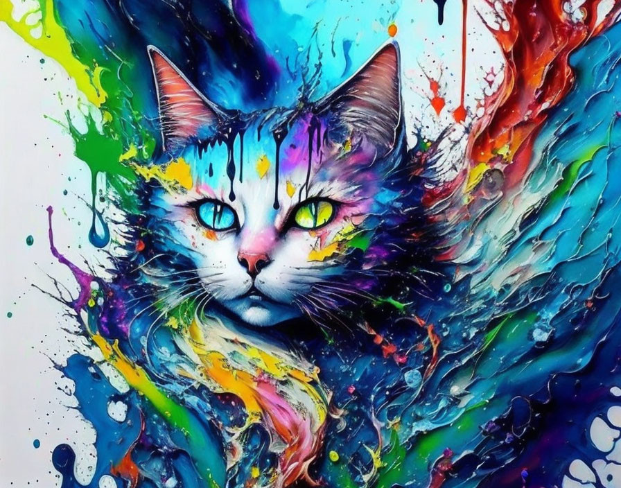 Colorful cat face in vibrant paint splash