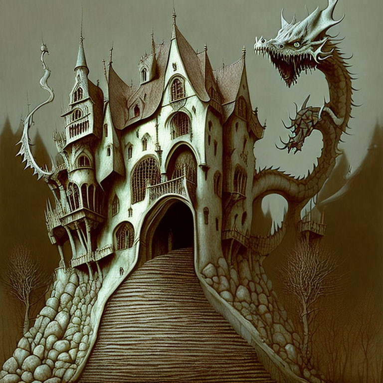 Fantasy-themed illustration: Dragon around towering castle