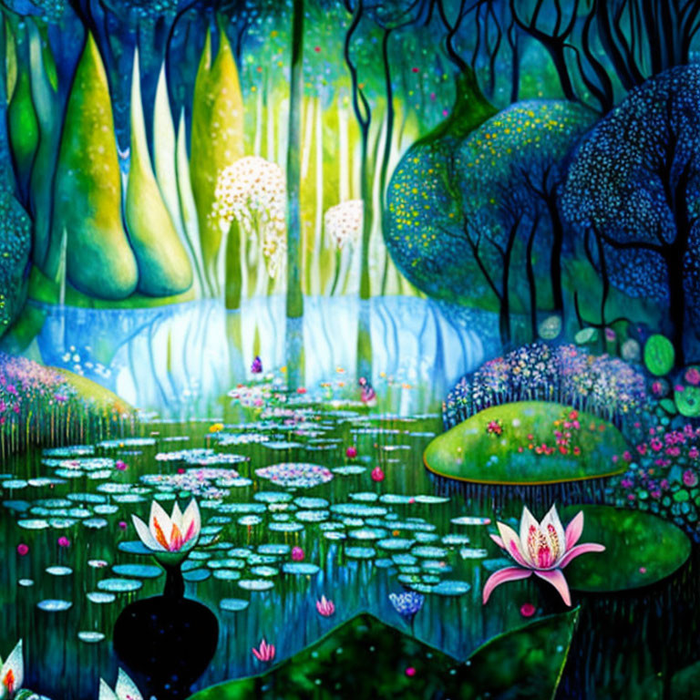 Mystical forest with blue and green trees, serene pond, lotus flowers under starry sky