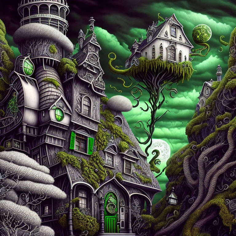 Surreal artwork of whimsical houses, curved architecture, greenery, orbs, cloudy sky