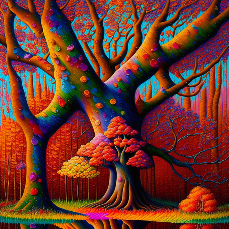 Colorful Tree Painting with Rainbow Bark in Psychedelic Style