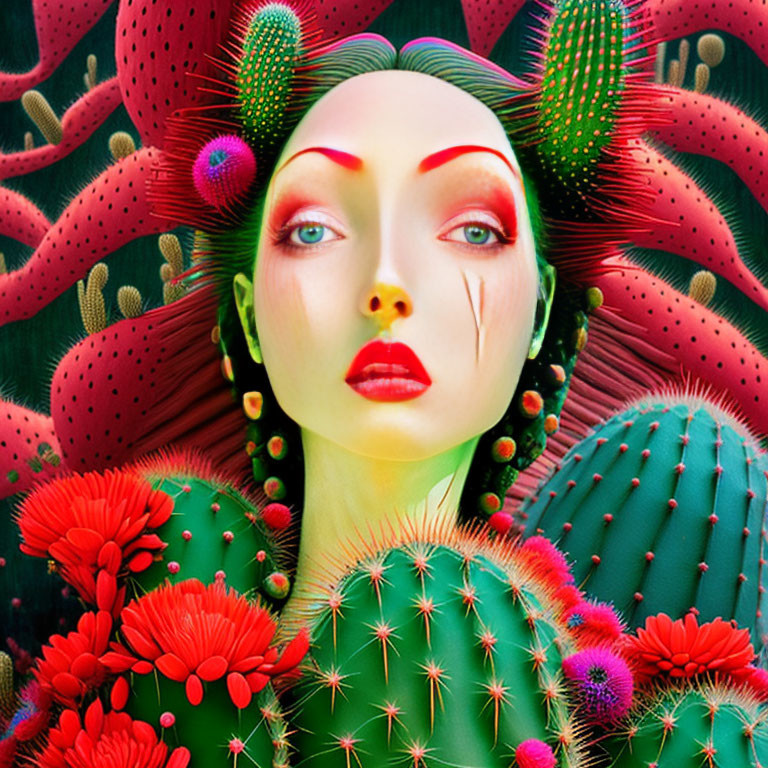 Colorful digital artwork: Woman's face fused with cactus plants, red flowers, green tones