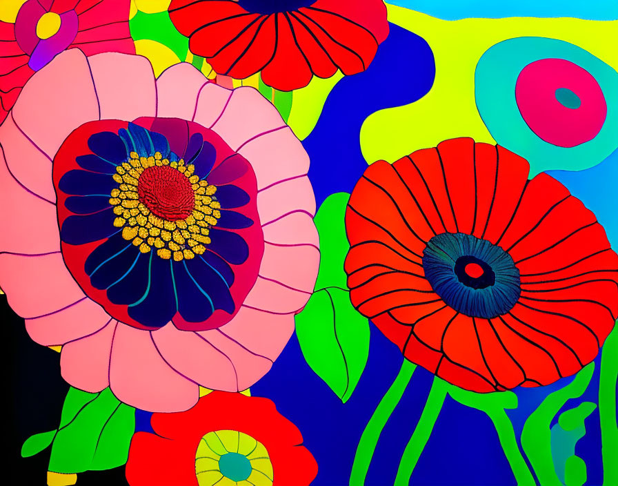 Colorful Abstract Painting of Oversized Flowers in Psychedelic Style