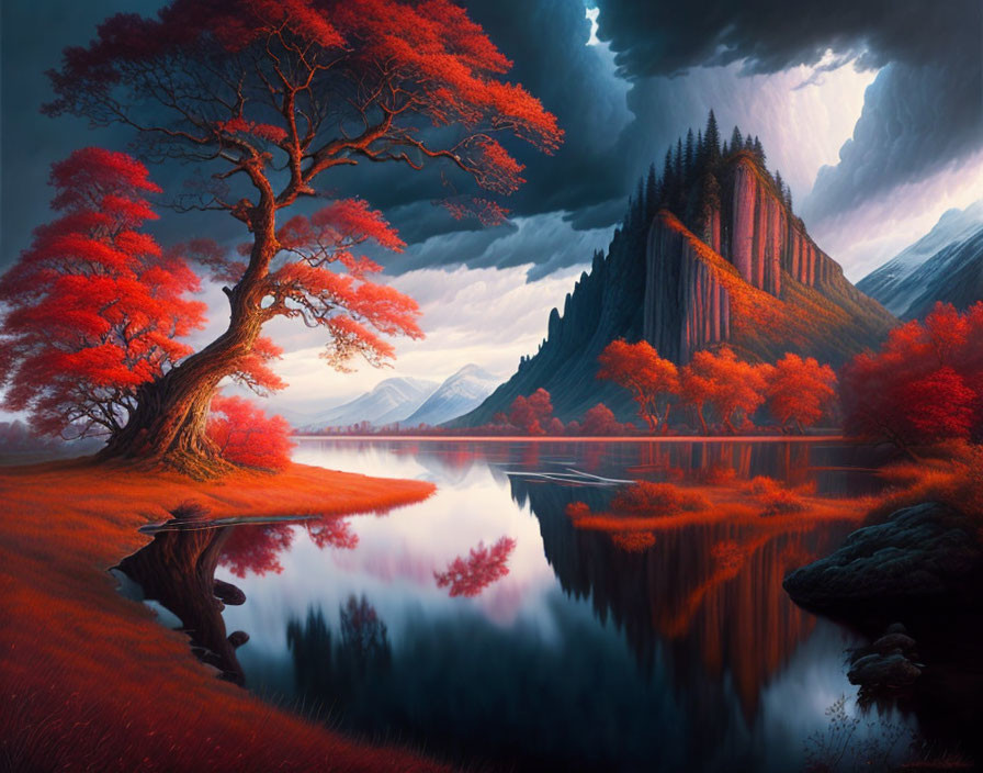 Vibrant red autumn tree in serene landscape with dramatic cliffs