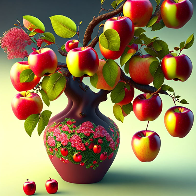 Colorful digital artwork: brown vase with floral patterns & tree bearing red apples.