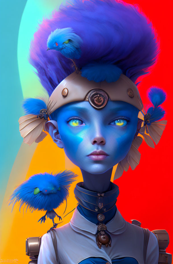 Blue-skinned female character with ornate helmet, blue hair, and birds on colorful background