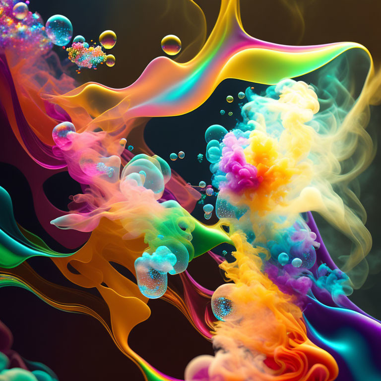 Abstract Composition with Vibrant Swirling Colors and Translucent Bubbles