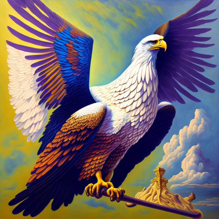 Vibrant blue and violet wings of majestic eagle in clear blue sky