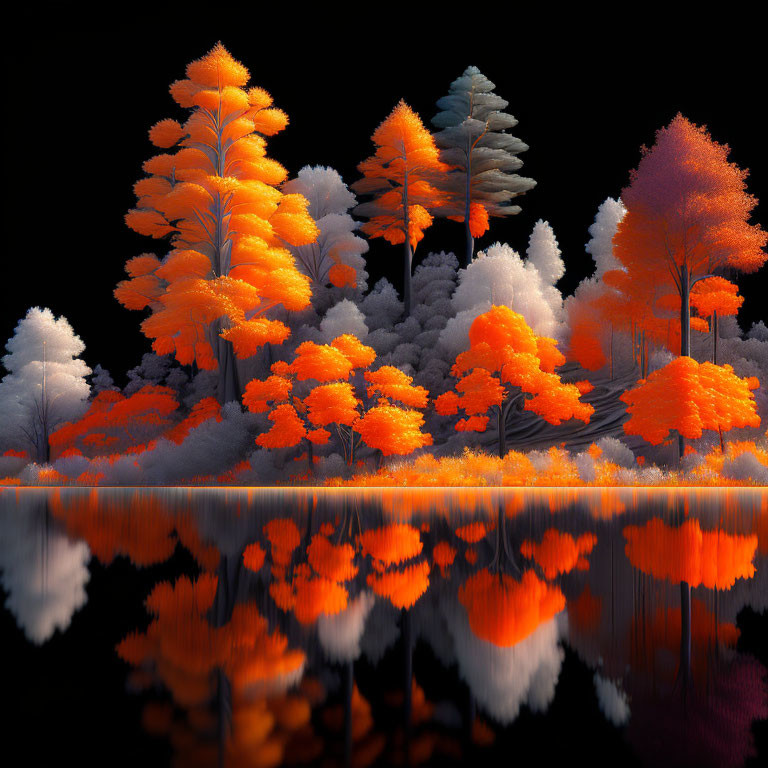 Orange and White Trees Reflecting in Calm Lake on Dark Background