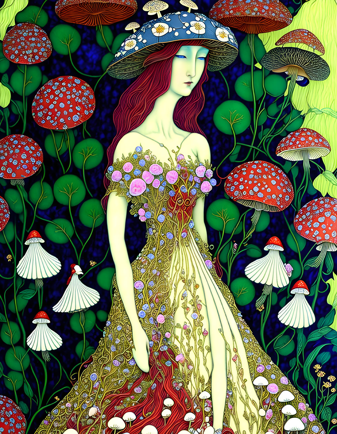 Stylized art nouveau illustration of woman with red hair in floral dress surrounded by mushrooms and foliage