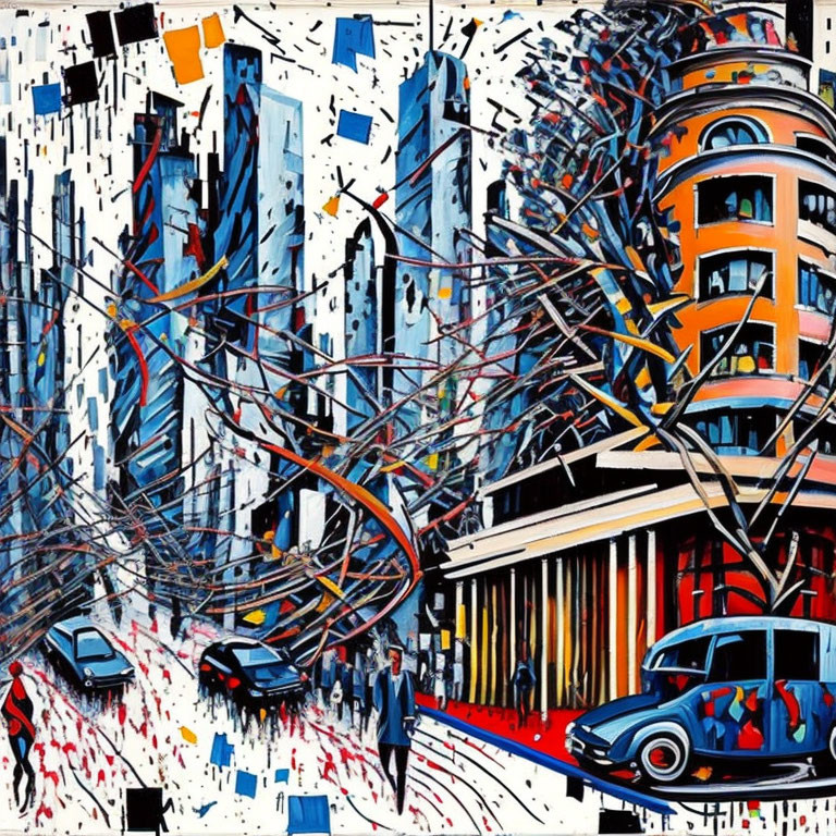 Colorful chaotic cityscape painting with splattered paint and distorted buildings.