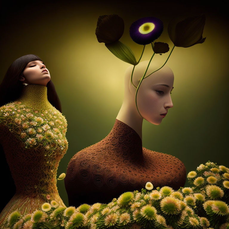 Stylized female figures with plant-like features in dark, moody setting