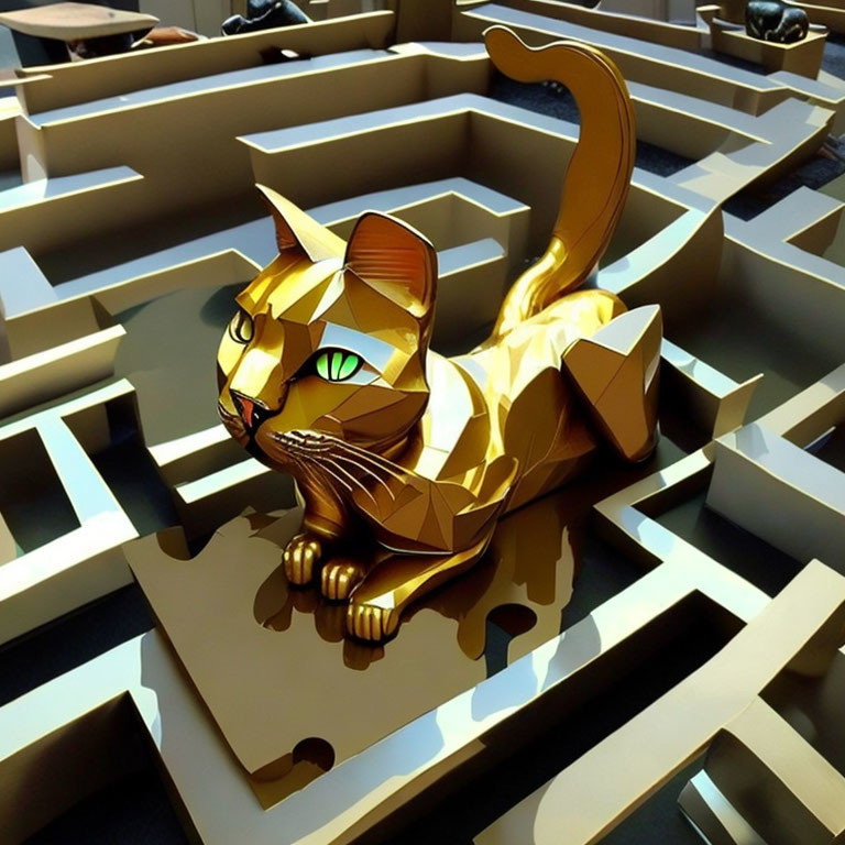 Golden Geometric Cat Sculpture in Modern Labyrinth Office Space