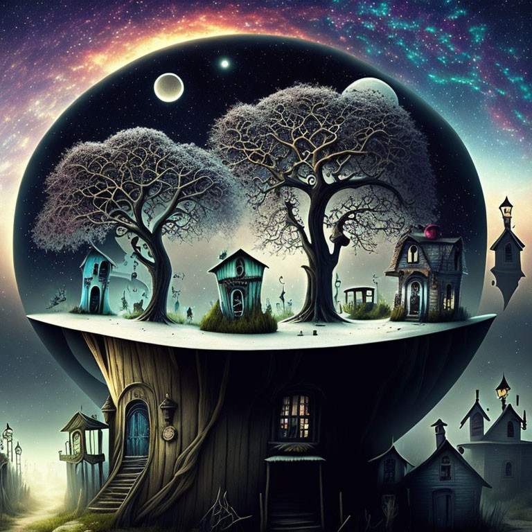 Colorful spherical fantasy world with trees, houses, and starry sky