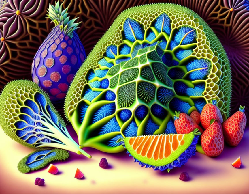 Colorful surreal artwork: stylized fruits in vivid colors