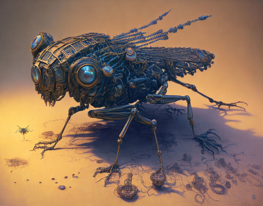 Steampunk mechanical insect with blue lenses and metal limbs on warm backdrop