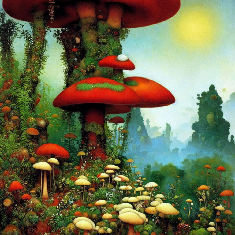 Colorful Oversized Mushrooms in Vibrant Fantasy Landscape