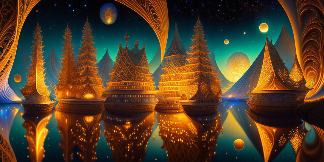 Mystical digital artwork of golden structures reflected in water amid cosmic elements