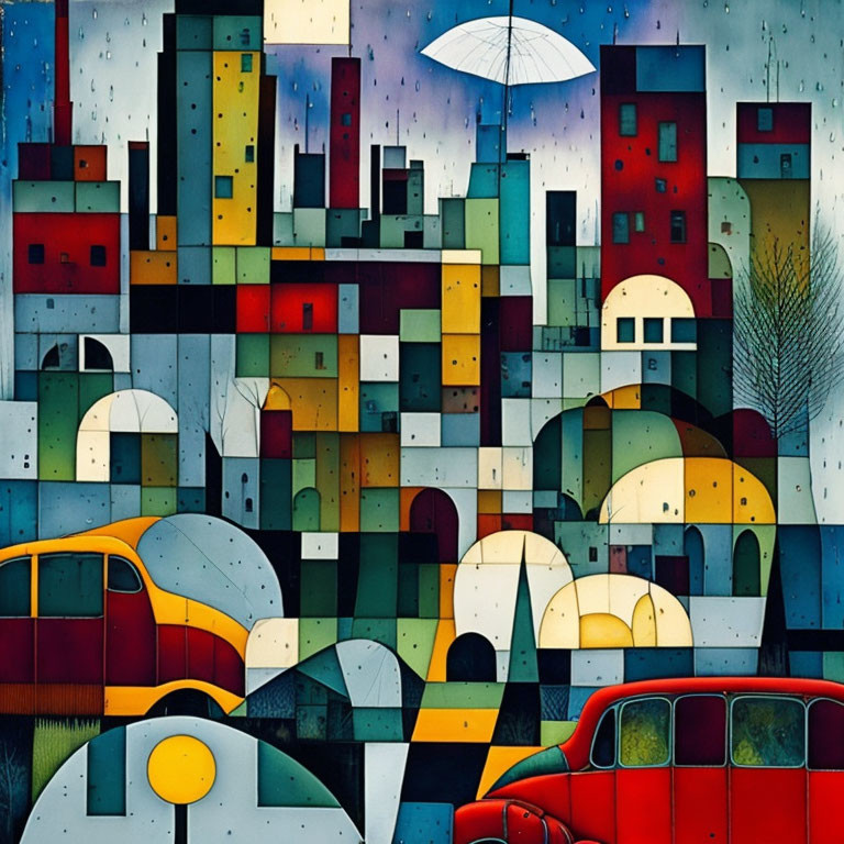 Abstract Cubist-inspired cityscape painting with geometric buildings, yellow car, and red bus under rainy sky