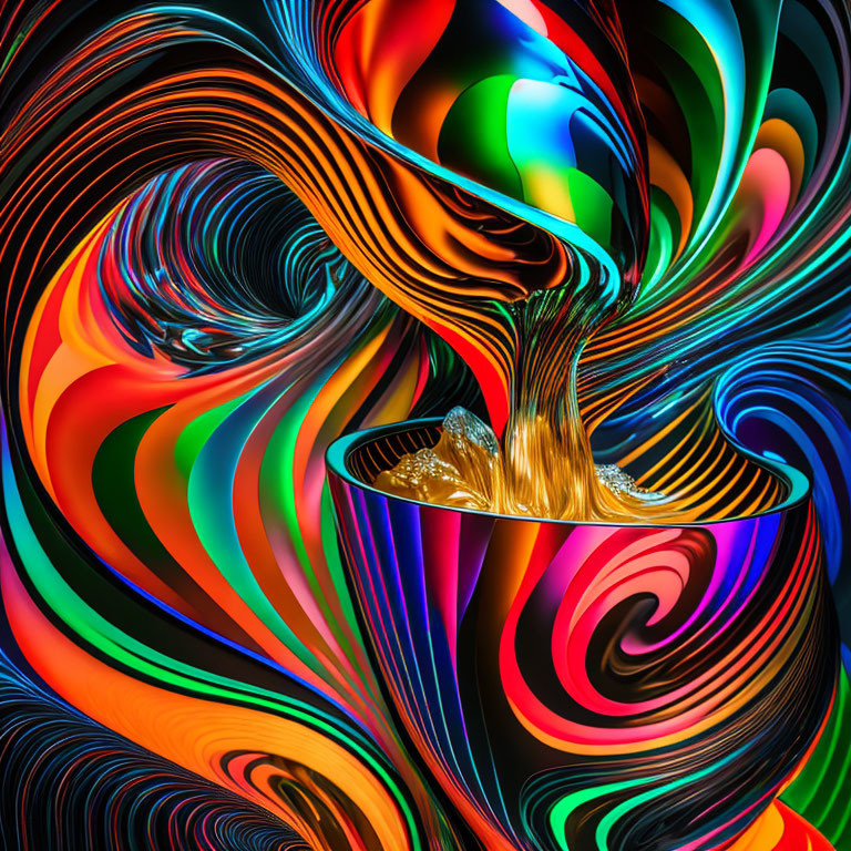 Abstract digital artwork with central gold twist and colorful swirling patterns