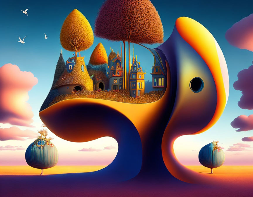 Vibrant surreal trees and castles in abstract landscape